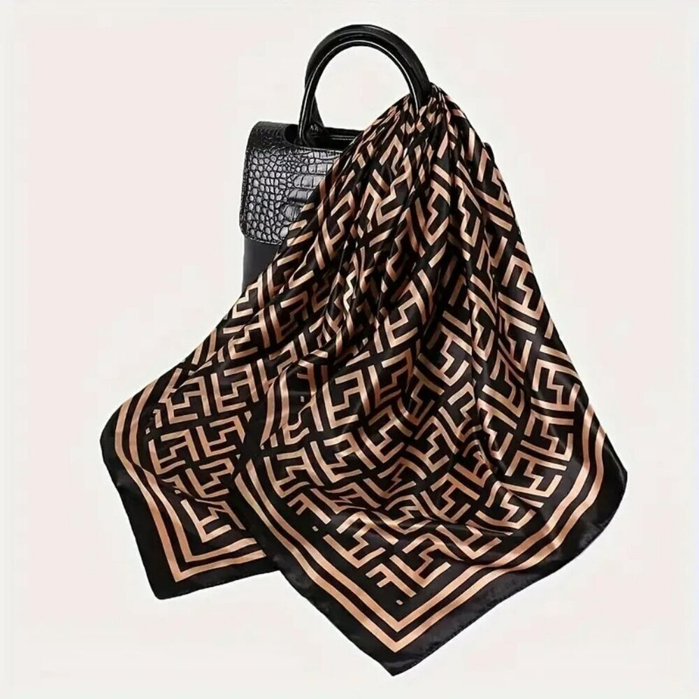Silky Geometric Black and Champagne Scarf